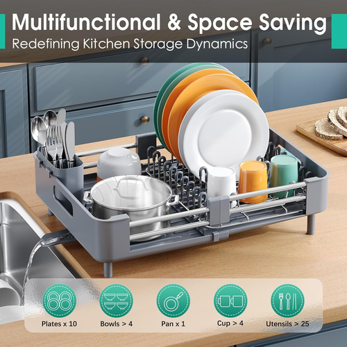 Dish Drying Rack for Kitchen Counter, Extendable Dish Rack with Drainboard, Expa - Picture 3 of 12