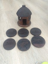 Hand Carved Dark Wood Africa 6 Coaster Set African Safari Souvenir Elephants CQ