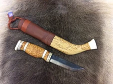 Wood Jewel Knife 4.75" Carbon Steel Blade Curly Birch/Reindeer Horn Handle 23TMR