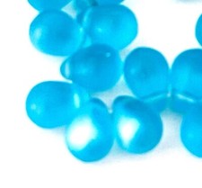 25 Czech Frosted Sea Glass Teardrop Beads 8x6mm - Matte Aquamarine AB moonstone
