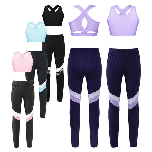 Kids Girls Tracksuits Biketard Sportwear Swim Pants Jogging Crop Top Training