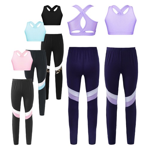 Kids Girls Pants Quick Dry Crop Top Hip-hop Tracksuits Soft Sportwear Stretchy - Photo 1 sur 28