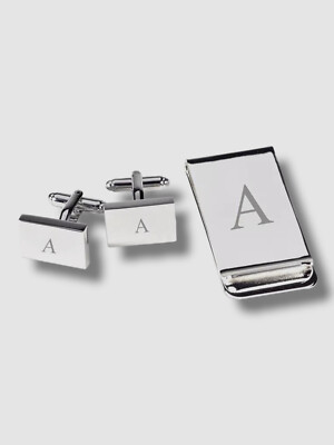 $61 Bey-Berk Men's Silver Plated Monogrammed Cuff Links & Money Clip Set
