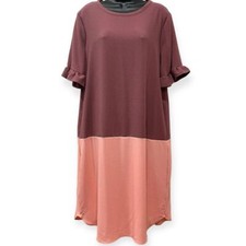 Ces Femme Women L Dress Two Tone Ruffle Short Sleeve Pockets Shirt Tail Hem NWOT