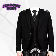Black Tweed Mens Argyle Kilt Jacket With 5 Button Vest Scottish Kilt Jacket