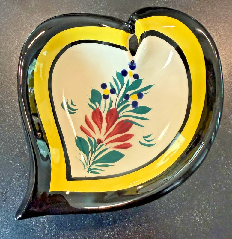 Vintage HB Quimper France Hand Painted Faience Heart Leaf Trinket Dish Floral