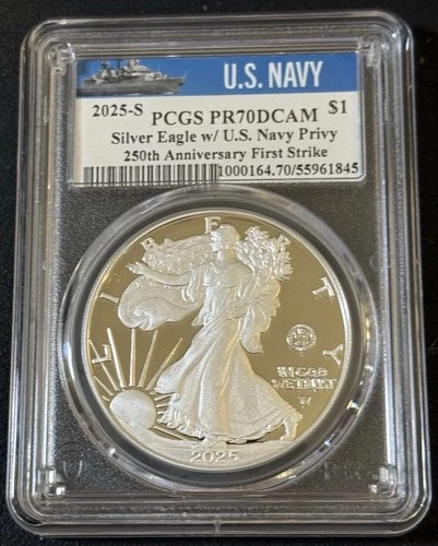 2025-S American Silver Eagle 250th Anniversary Navy Privy PCGS PR 70 Navy Label!