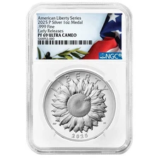 2025-P Proof American Liberty 1 oz Silver Medal NGC PF69UC ER Liberty Flag Label
