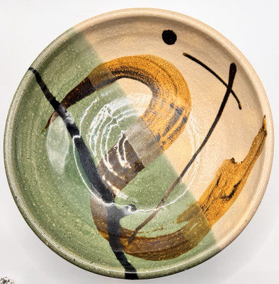 Studio Pottery Bowl Signed Christopher Bragg Abstract Green Stoneware Art Bowl
