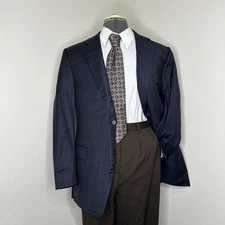 Canali Mens 40R Blazer Navy Blue Stripe Wool 2 Button 44" Sport Coat Suit Jacket