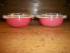 TWO VINTAGE FLAMINGO PINK NO. 080 8OZ CASSEROLE SET WITH LIDS
