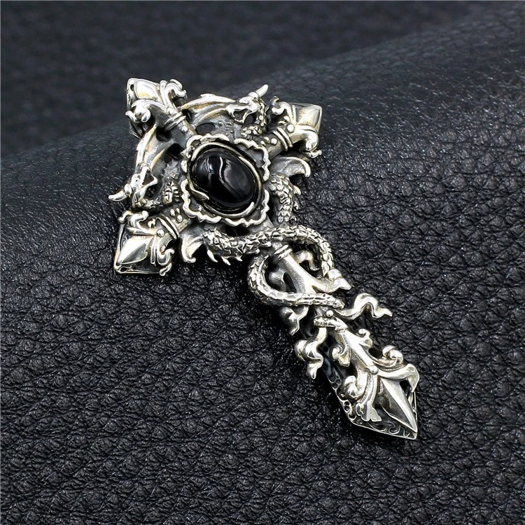 Colgante Cruz Cuerda Dragón Doble Pesado S925 Plata Gótico Negro Ónix Motociclista Amuleto Foto 2 de 4