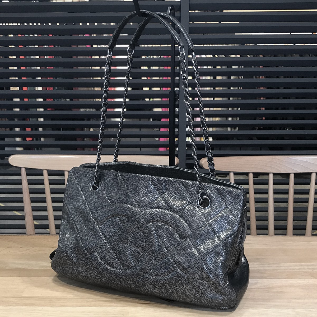 CHANEL Matelassé Deca Coco Mark Chain Tote in Soft Caviar Skin Gunmetal Silver