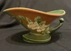 Vintage Roseville Pottery White Rose Cornucopia Vase with Flower Frog