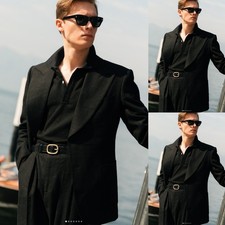 Black Linen Men's Suits 2Pcs Beach Jacket Formal Dinner Prom Party Tuxedos Coat