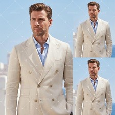 Beige Men's Suits Double Breasted Peak Lapel Wedding Groomsmen Tuxedo 2 Pieces