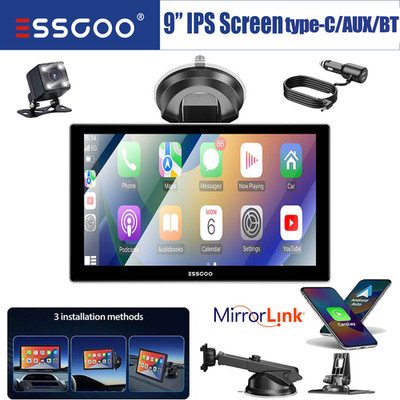 Portable 9''Car Stereo Radio Wireless Apple Carplay/Android Auto Touch Screen CAM