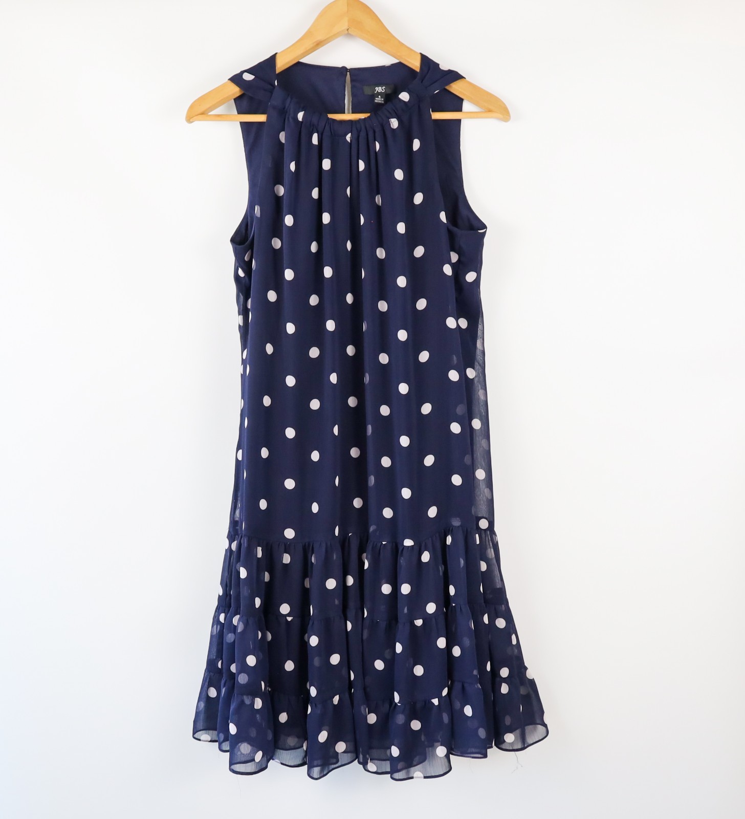 JBS Navy Blue Polka Dot Tiered Midi Dress Size 6 Sleeveless Ruffle Hem Women