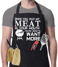 Funny BBQ Grilling Apron Men Black 3 Pockets Put My Meat in Your Mouth Want More