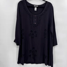 Soft Surroundings Womens Beaded 3/4 Sleeve Tunic Top Size 1X Boho Artsy Mature