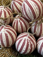 10 Red Stripe Fabric RAG BALLS bowl filler Christmas Ornaments farmhouse Cottage