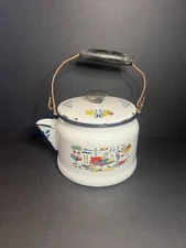 Vintage MCM 1950s Rare Thanksgiving Themed White Enamel Tea Kettle Pot w/ Handle