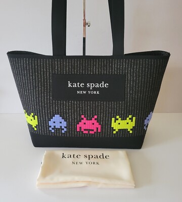 Kate Spade KI642 X Space Invaders Fly Knit Jacquard Shopper Tote Handbag Black