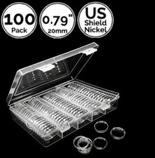 100 Pack 0.79 IN 20 mm Coin Capsule Holders w/ Storage Case 4 US Shield Nickel