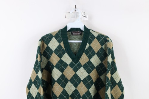 Vtg 50s 60s Boys XL Distressed Wool Blend Argyle Diamond Knit V-Neck Sweater USA - Picture 2 of 11