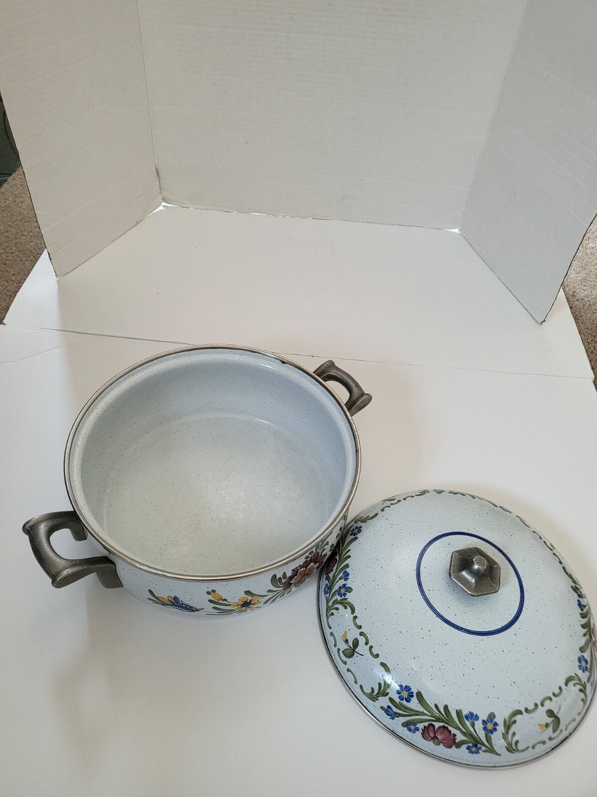 Vintage German ASTA Floral Baby Blue Enamel 10" , 7" & 6 1/4" Cookware