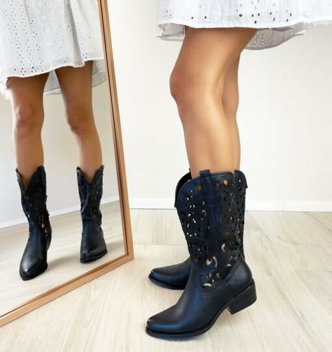 ✓ STIVALI DONNA STIVALETTI TEXANI A PUNTA CAMPEROS COWBOY ESTIVI TRAFORATI  ZIP + | eBay
