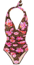NEW VICTORIA'S SECRET CHEETAH LEOPARD PEONY HALTER ONE PIECE SWIMSUIT SIZE XS