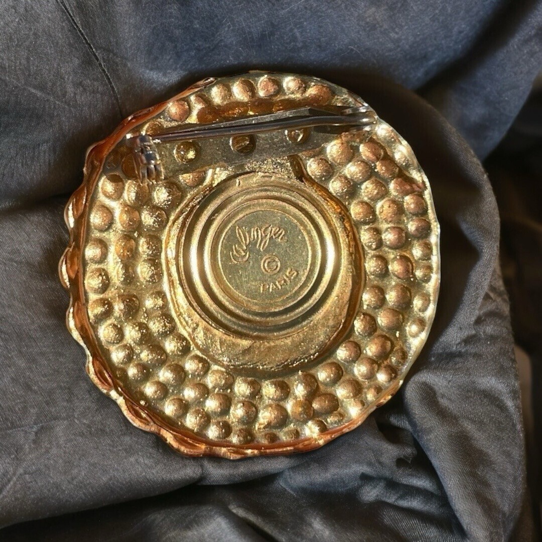Broche Vintage Signée Kalinger En Pâte De Verre Et Perles, Couleur Dorée - Années 80, état Parfait