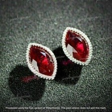 4Ct Marquise Cut Lab-Created Red Ruby Stud Halo Earrings 14K White Gold Plated