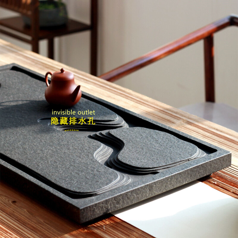 Plateau à Thé En Pierre Noire Sculptée – Avec Drainage Pour Table – Style Art Nouveau