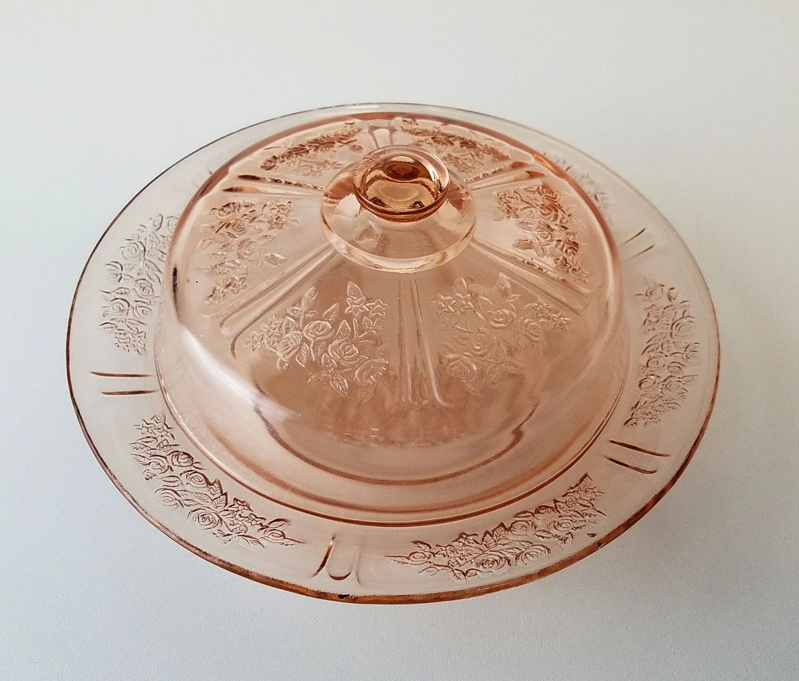 Vintage Federal Glass Sharon Pink Cabbage Rose Butter/Cheese Dish With Cover