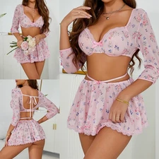Women Sexy 3PCS Lingerie Babydoll Lace Floral Nightwear Sleepwear with G-string