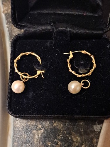 New 14K Yellow Solid Gold Loop Designer Earrings Worn With Pearl Or Without - Picture 23 of 24