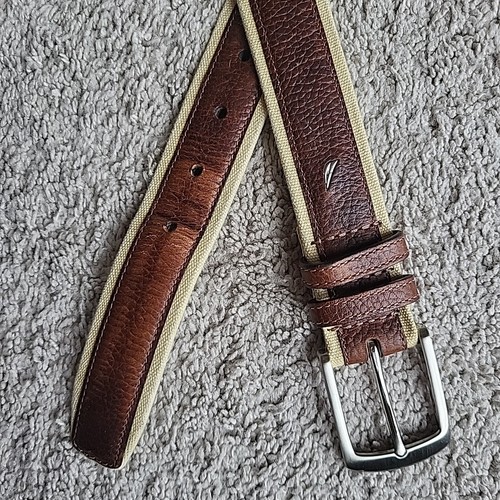 Nautica Belt Mens 36 Brown Beige Leather Canvas Handcrafted Logo Sport Casual - Picture 6 of 11