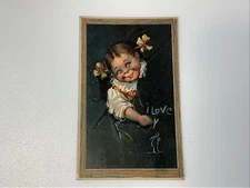 Valentine Unsigned F Brundage Girl Chalkboard Slate Tucks postcard Copy Right 19