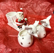 *Rare Holt Howard 1959 Santa W/Sleigh & 2 Starburst Reindeer Candleholders Japan