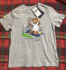 Ralph Lauren Polo Bear Tennis Boys T-Shirt Gray Cotton Size 6 Short Sleeve