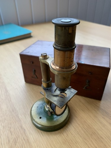Antique Brass Microscope In Wooden Box