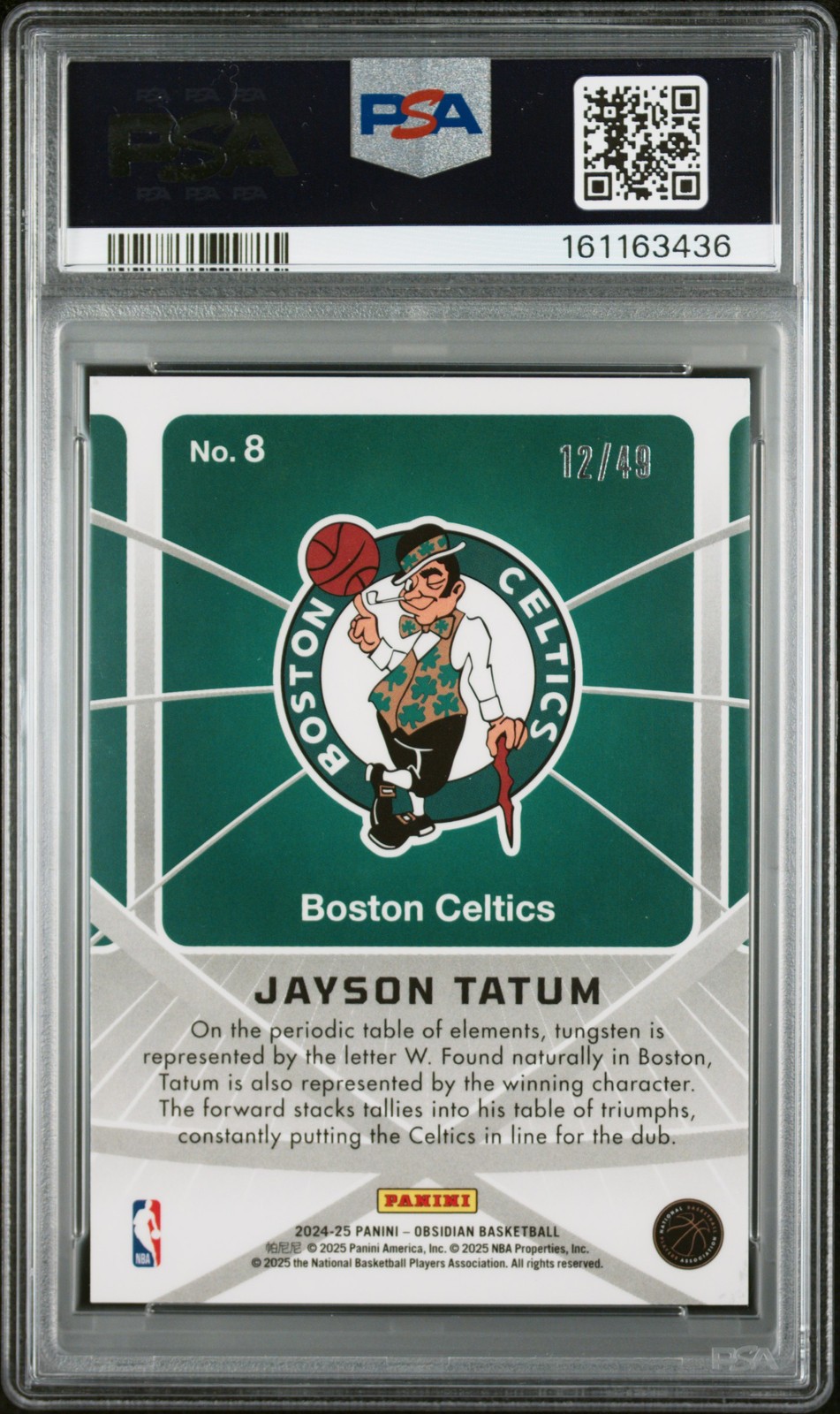 2024 PANINI OBSIDIAN ATOMIC INITIALS E/E PINK FLOOD #8 JAYSON TATUM 12/49 PSA 9 view 2