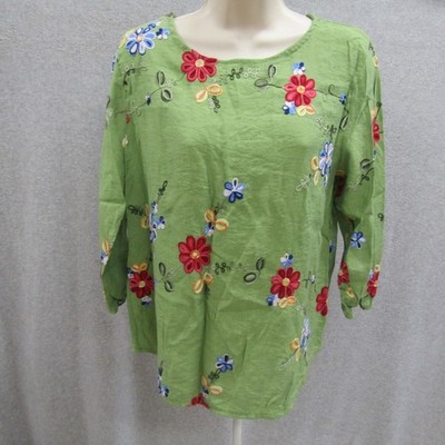 Womens Green Top Blouse Size M 3/4 Sleeve Round Neck Casual Preppy Chic Boho