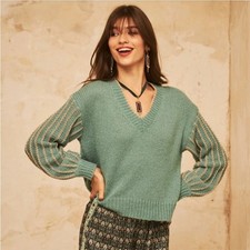 Suéter NKN Nekane Meli Aqua Gold Lurex Cuello en V Mezcla de Lana Mediano/Grande Nuevo con Etiquetas