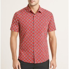 Kenneth Cole Red Geo Print Shirt L Short Sleeve Button Up Resort Casual Core