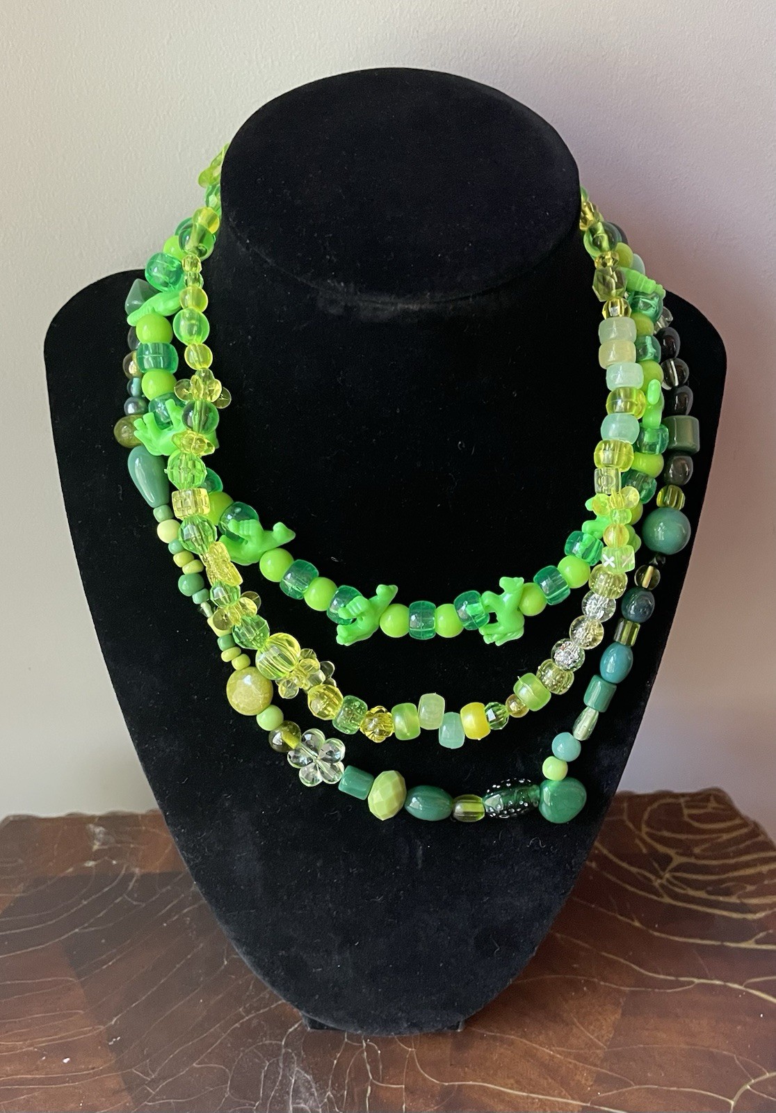 Green Beaded Necklace Set Stackable Boho Hippie - image 1