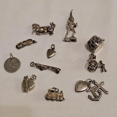 Vintage Sterling Silver Charm Lot Of 10 Capped Bust 1829 Coin Train Heart