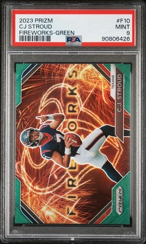 C.J. STROUD 2023 PANINI PRIZM FIREWORKS ROOKIE GREEN RC PSA 9